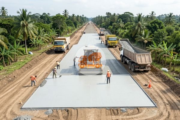 Ilustrasi pekerja sedang melakukan pengecoran jalan beton rigid
